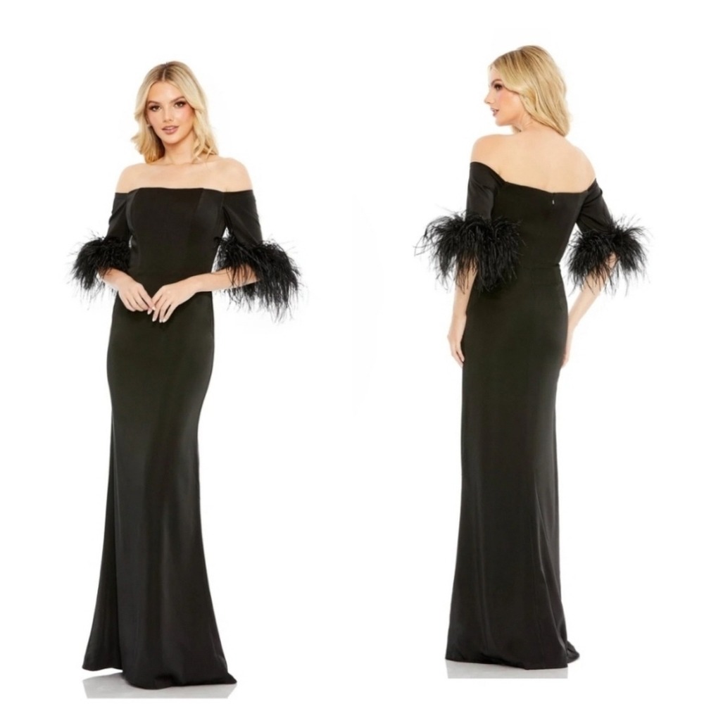 NWT Mac Duggal 11441 Off-Shoulder Feather Trim Column Gown – Black – 6
